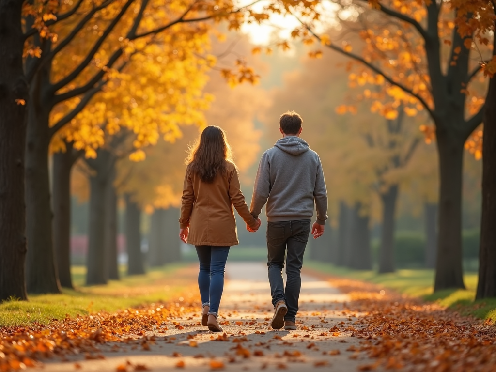 秋の公園で手をつないで歩く夫婦。周りに紅葉が落ちている。