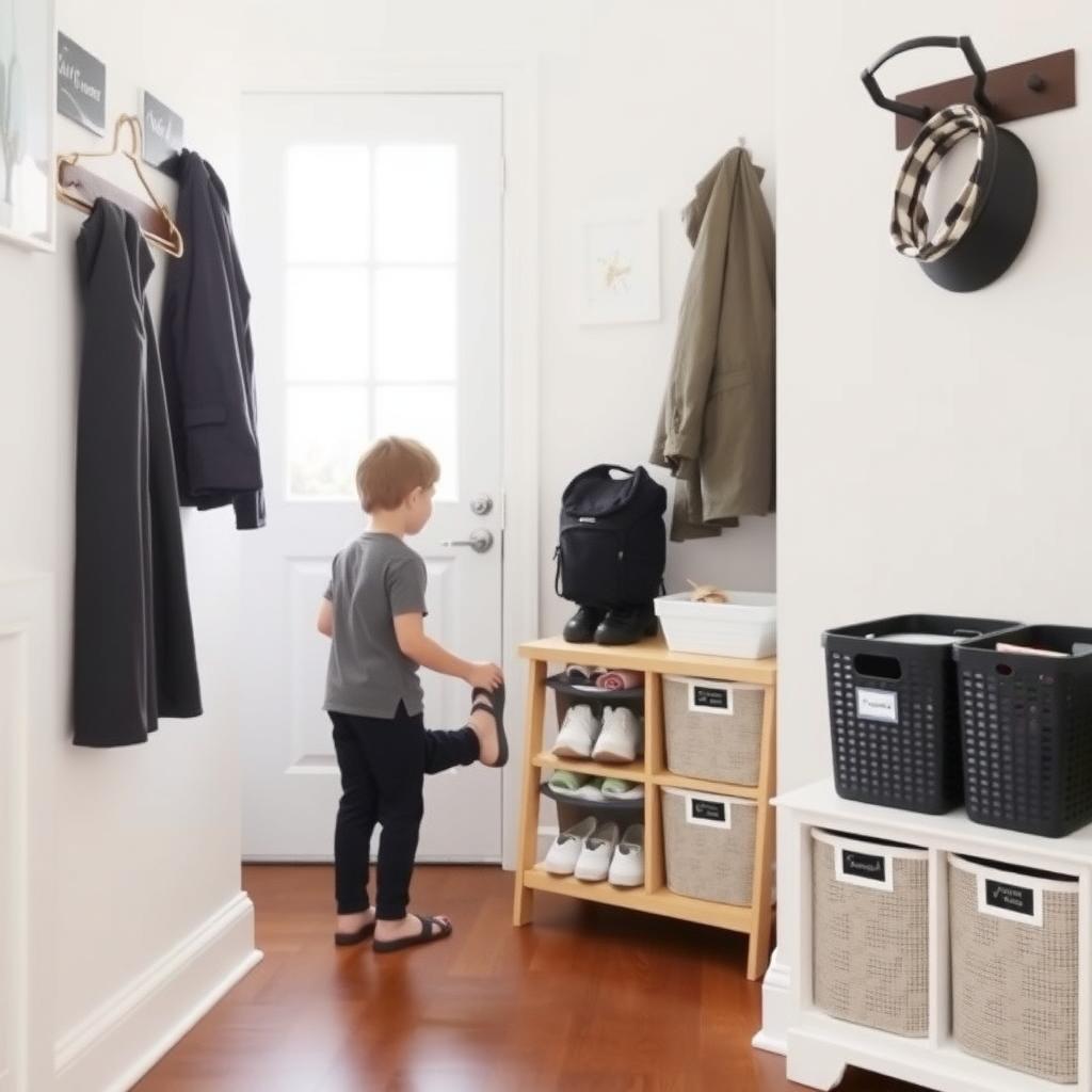 玄関に靴ラックとラベル付きの収納バスケットが整然と並び、子供が靴を整理している様子