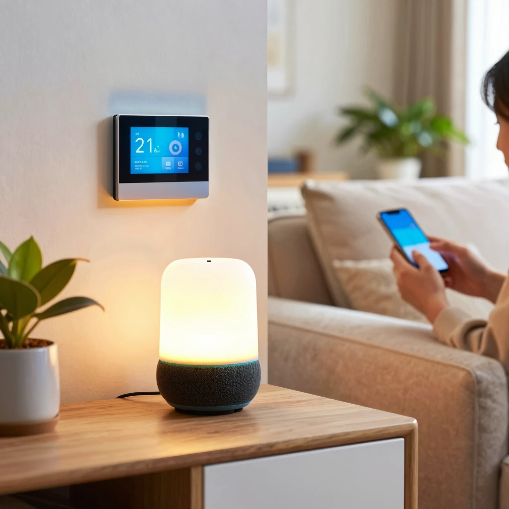 スマートホームデバイスが設置された居心地の良いリビングルーム