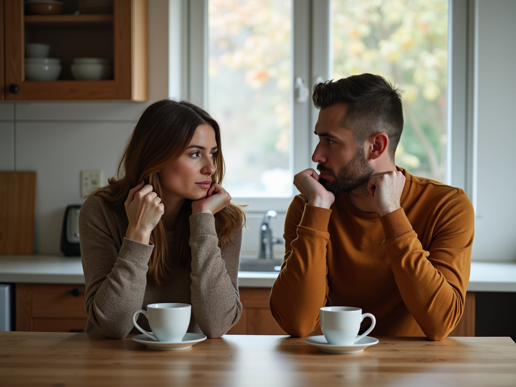 キッチンテーブルで苛立って距離を感じている夫婦。手つかずのコーヒーカップが前に置かれている。