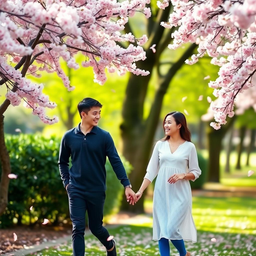 桜の木に囲まれた公園で手をつなぐ幸せそうな夫婦
