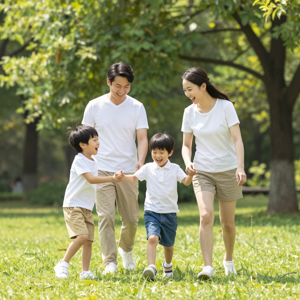晴れた公園で笑顔で遊ぶ両親と2人の子供たち。強い親子絆を感じさせる楽しい家族の時間