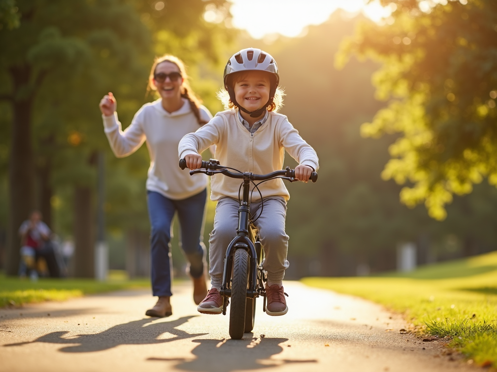 自転車に乗る子を親が応援する晴れた公園