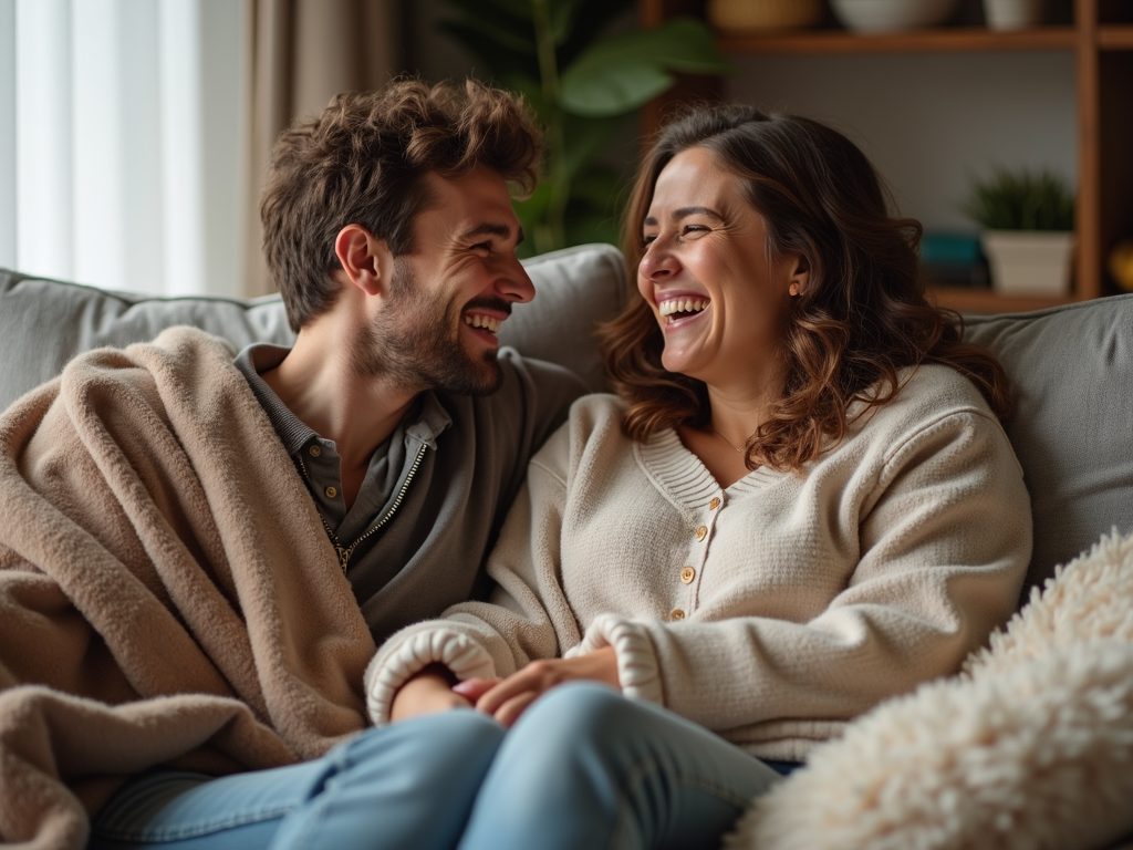 ソファで一緒に笑う夫婦、遊び心ある雰囲気で、毛布と枕に囲まれている。