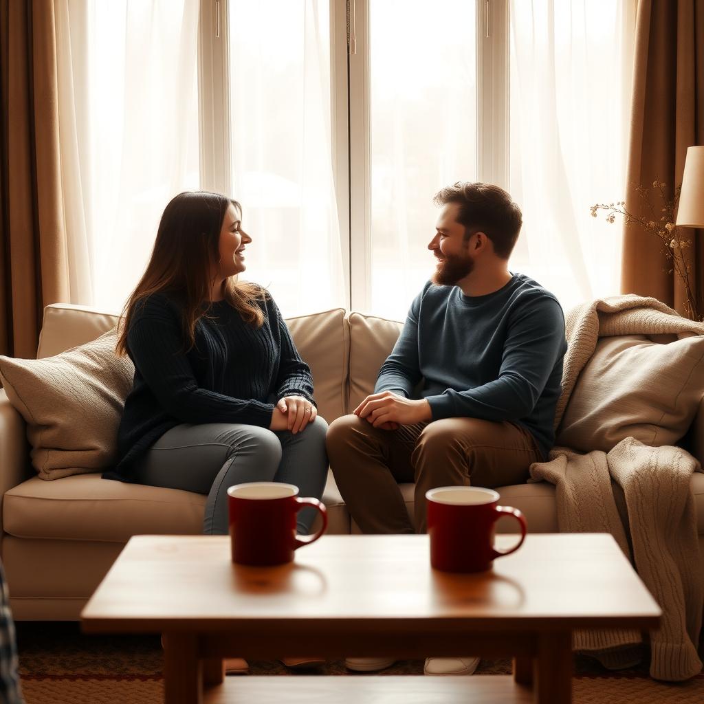 居心地の良いリビングルームで、夫婦がソファに座り、笑顔で向き合って話している様子。コーヒーテーブルにはマグカップが置かれ、温かみのある雰囲気。