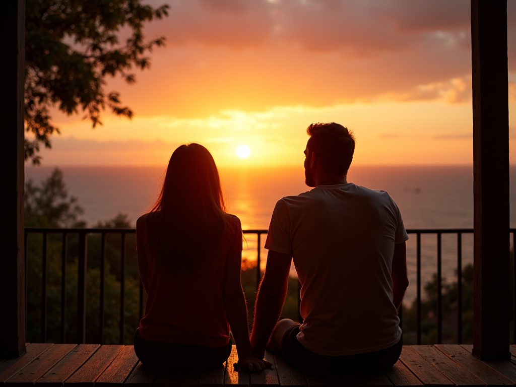 夕暮れ時のポーチで手をつなぎ、水平線を見つめる夫婦。