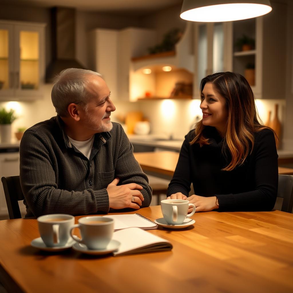 キッチンテーブルで穏やかに会話する夫婦。テーブルにはノートとコーヒーカップが2つ。背景は暖かく居心地の良いキッチン。