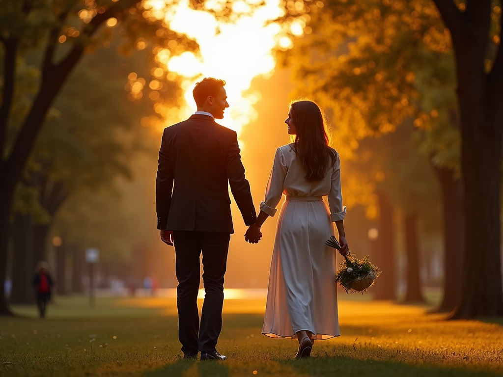 公園で手をつないで歩く夫婦