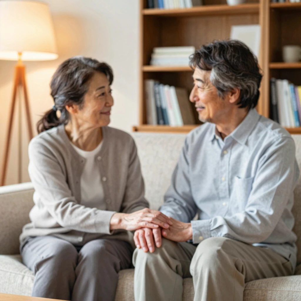 夫婦がソファで手をつなぎ、感情を共有する温かな瞬間