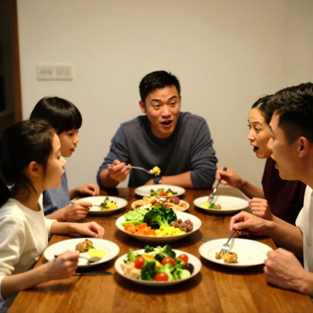 家族が夕食を囲んで会話する様子