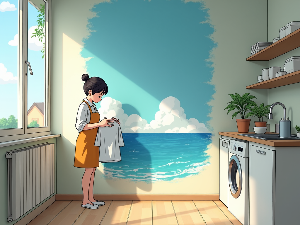 明るい部屋で洗濯物を畳む人、壁にはジブリ風の whimsical な海のシーンが飾られている。