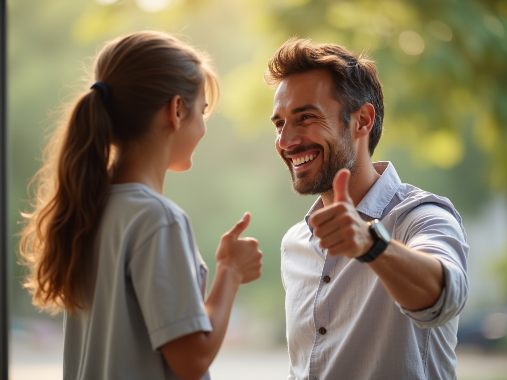 親がルールを守った子どもを褒めている様子。笑顔でサムズアップのジェスチャーをしている。