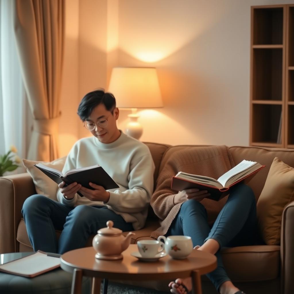 ソファで本を読みながら、落ち着いた雰囲気の中で過ごす夫婦