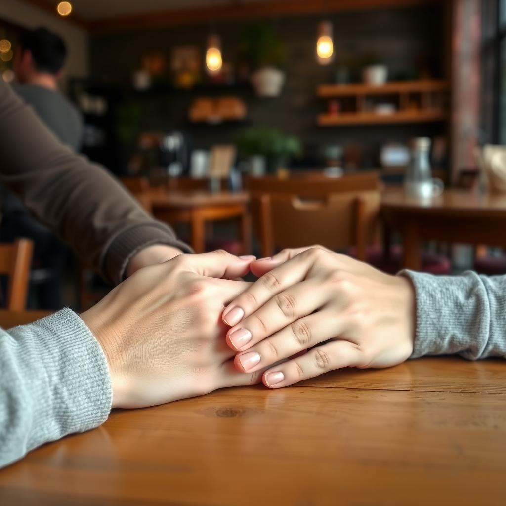 コーヒーショップで優しく手をつなぐ夫婦の手元
