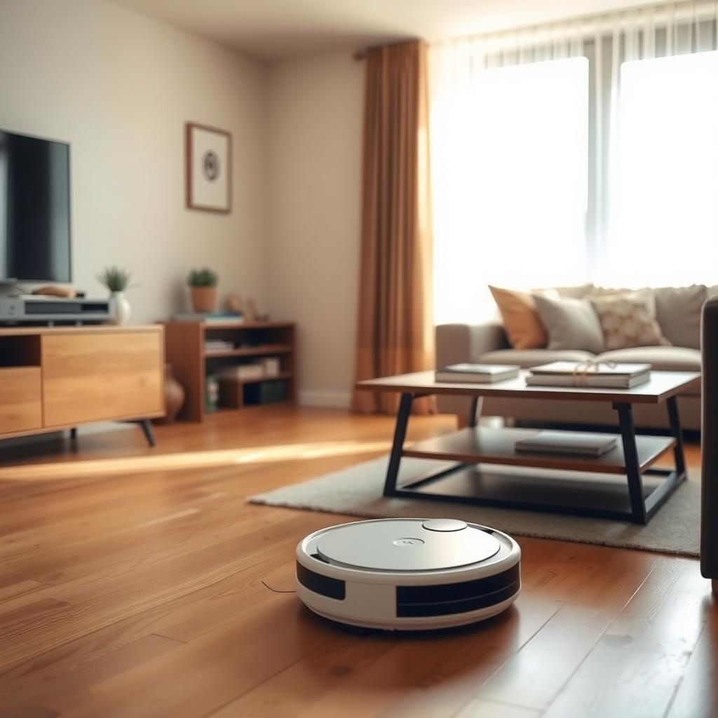 ロボット掃除機が木の床を掃除する居心地の良いリビング、整ったコーヒーテーブル、薄いカーテン越しの陽光。