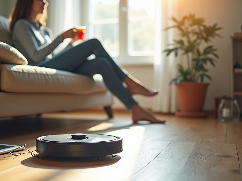 ロボット掃除機が働く中、リラックスする人