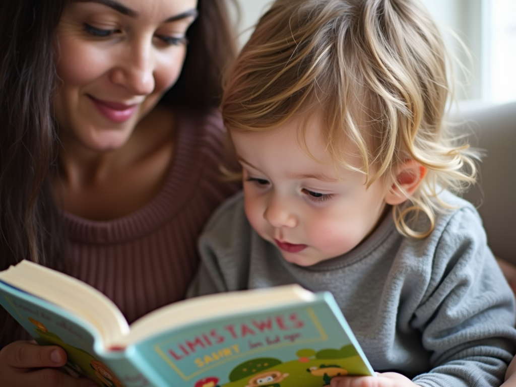 親が本を読んでいるのを子供が興味深く見ている様子