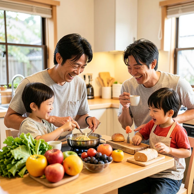旅行先のキッチンで家族が一緒に簡単料理を楽しむシーン