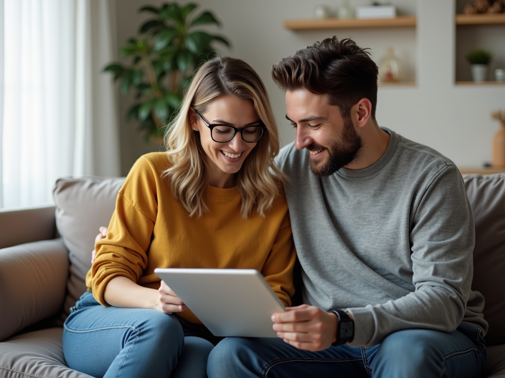 夫婦がソファに座り、ノートを見ながら計画を話し合っている様子