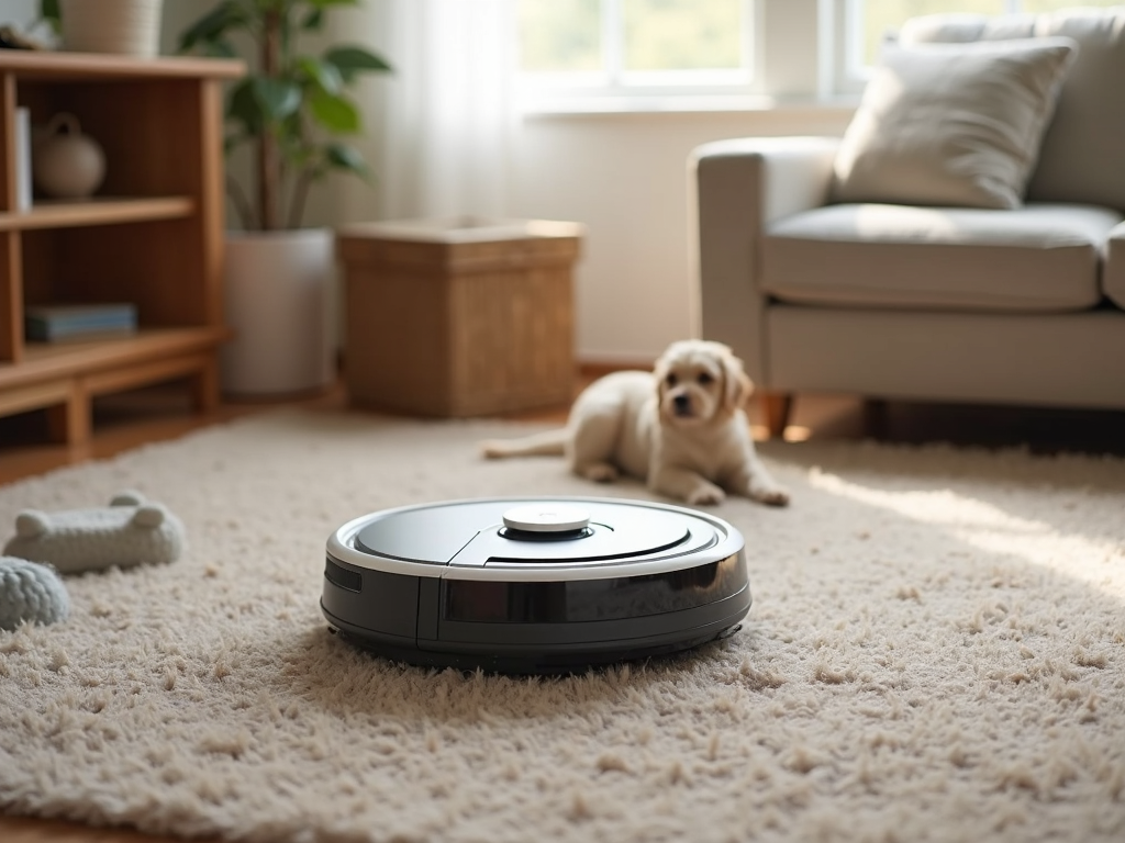 ロボット掃除機がペットの毛を掃除している様子