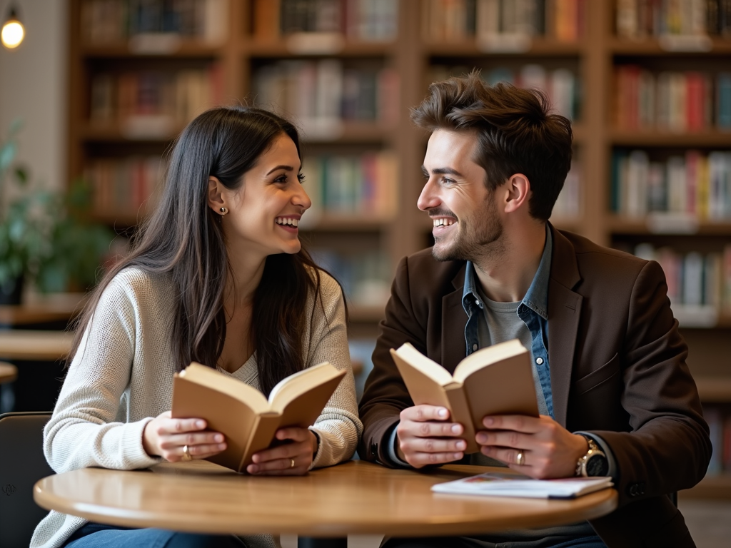書籍を読みながら会話する夫婦