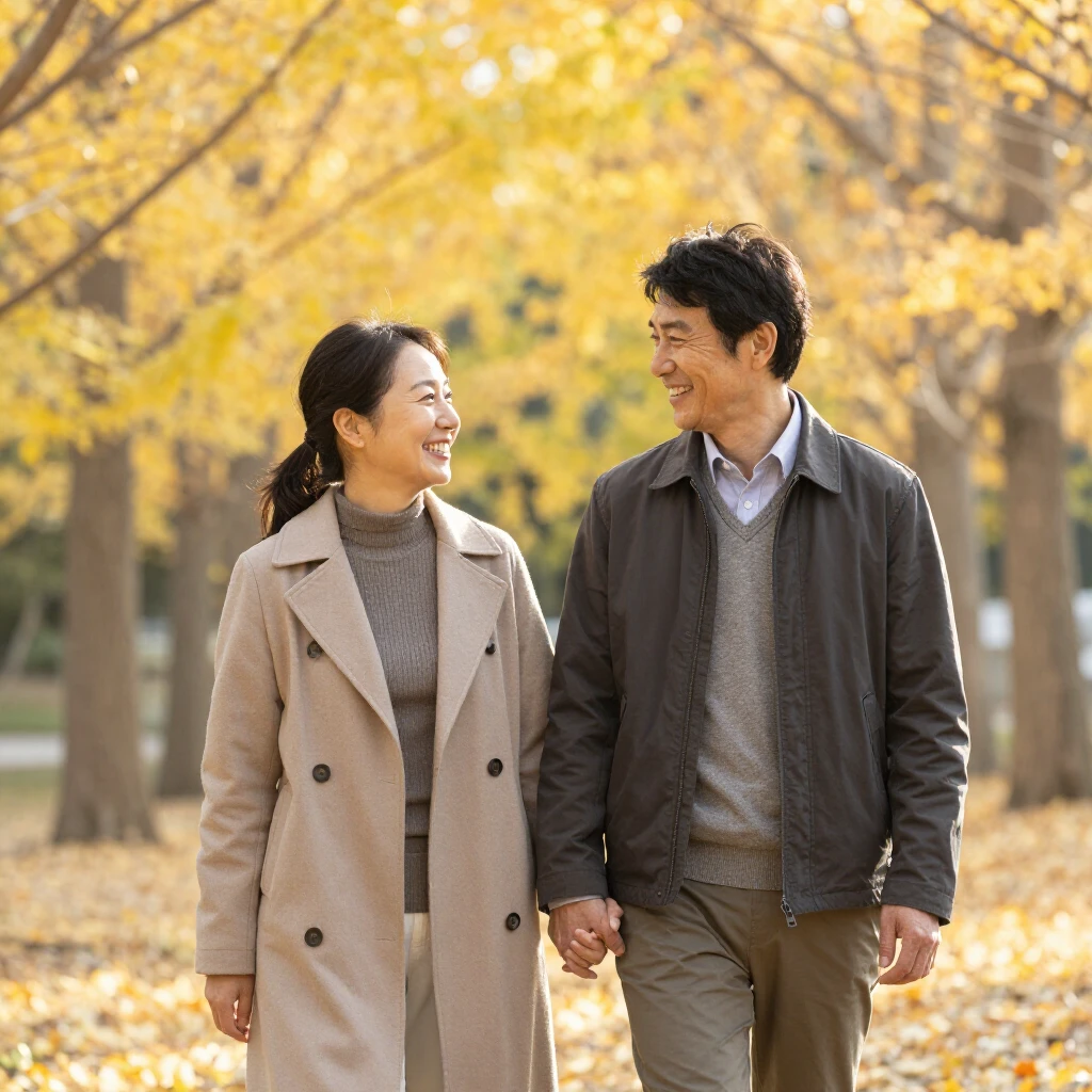 秋の公園で穏やかに話す幸せな夫婦