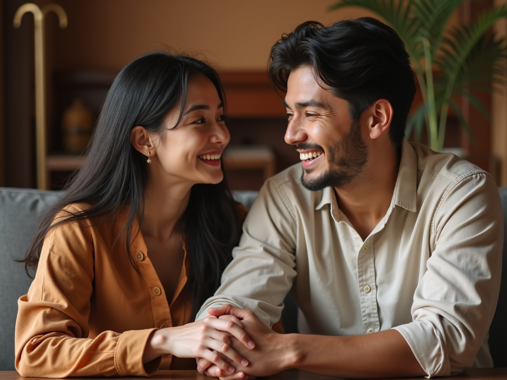 異なる文化背景を持つ夫婦が手を取り合って笑顔で座っている様子