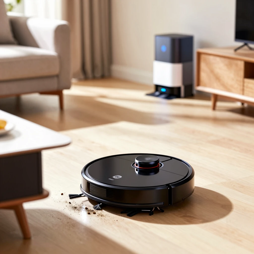 現代的なリビングルームで家具を避けながら掃除するスリムなロボット掃除機の様子