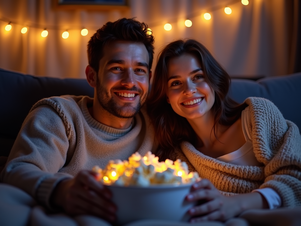家で映画を見て寄り添う夫婦