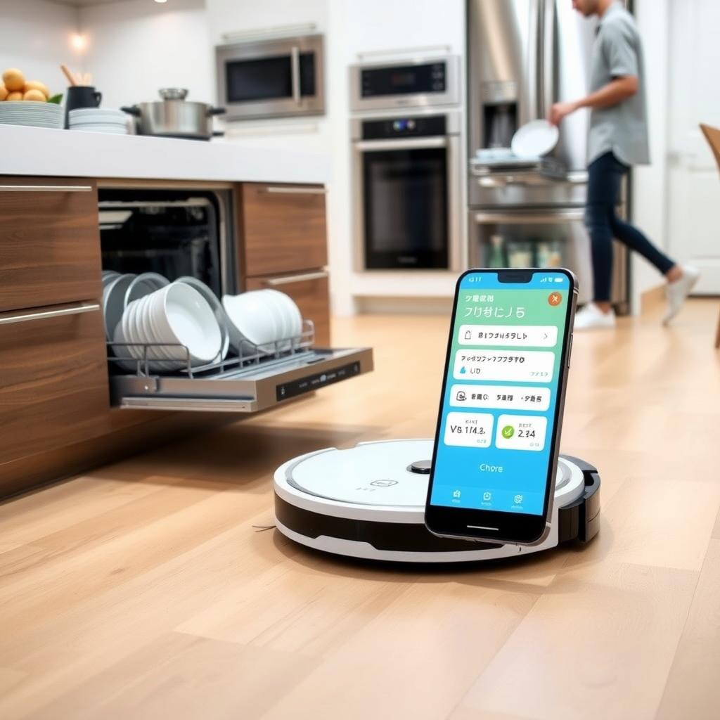 モダンなキッチンで、ロボット掃除機が床を掃除し、人が食洗機から食器を取り出している。スマートフォンには日本語の家事管理アプリが表示されている。