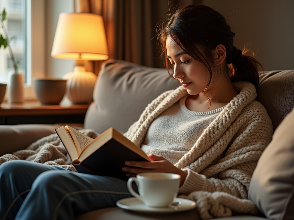 ソファで本を読む人、暖かい毛布と近くに置かれたお茶のカップが、リラックスを誘う居心地の良い室内の風景。