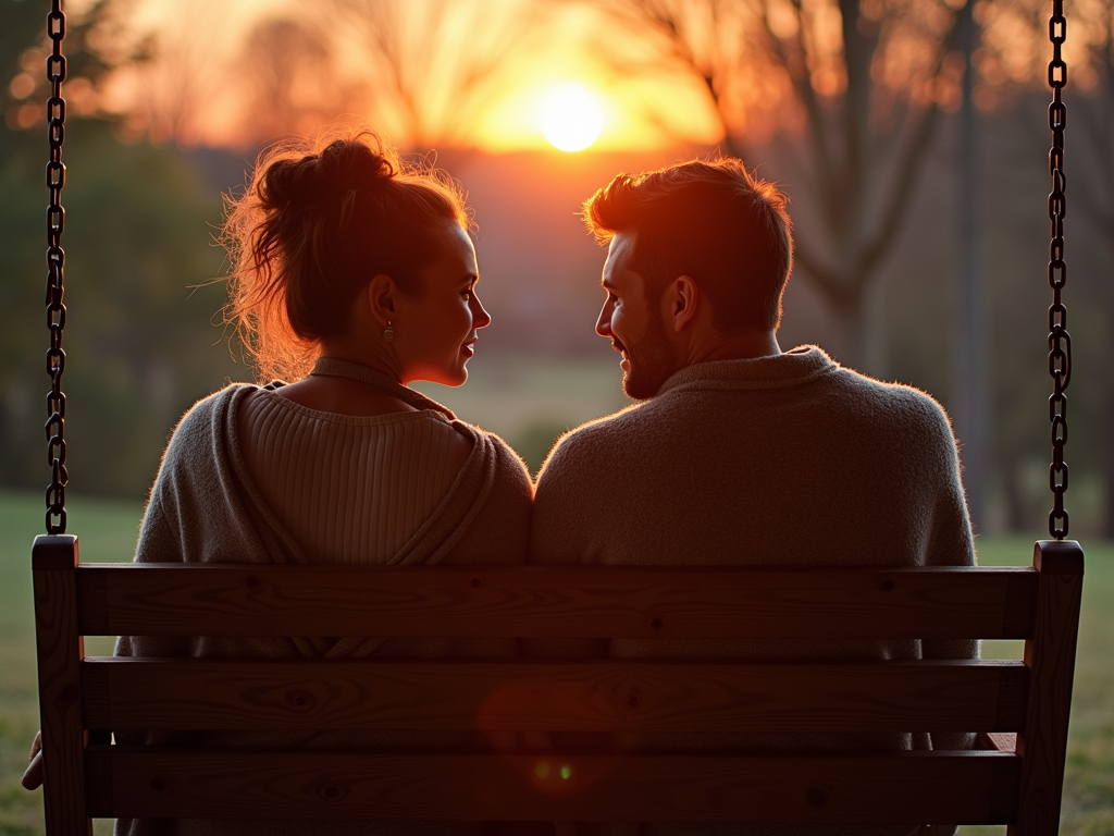 夫婦が夕暮れのポーチスイングで毛布に包まれ、穏やかに話している様子