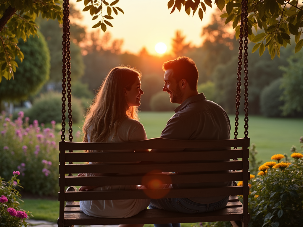 ポーチで夫婦がスイングに座り、話しながら笑っている様子