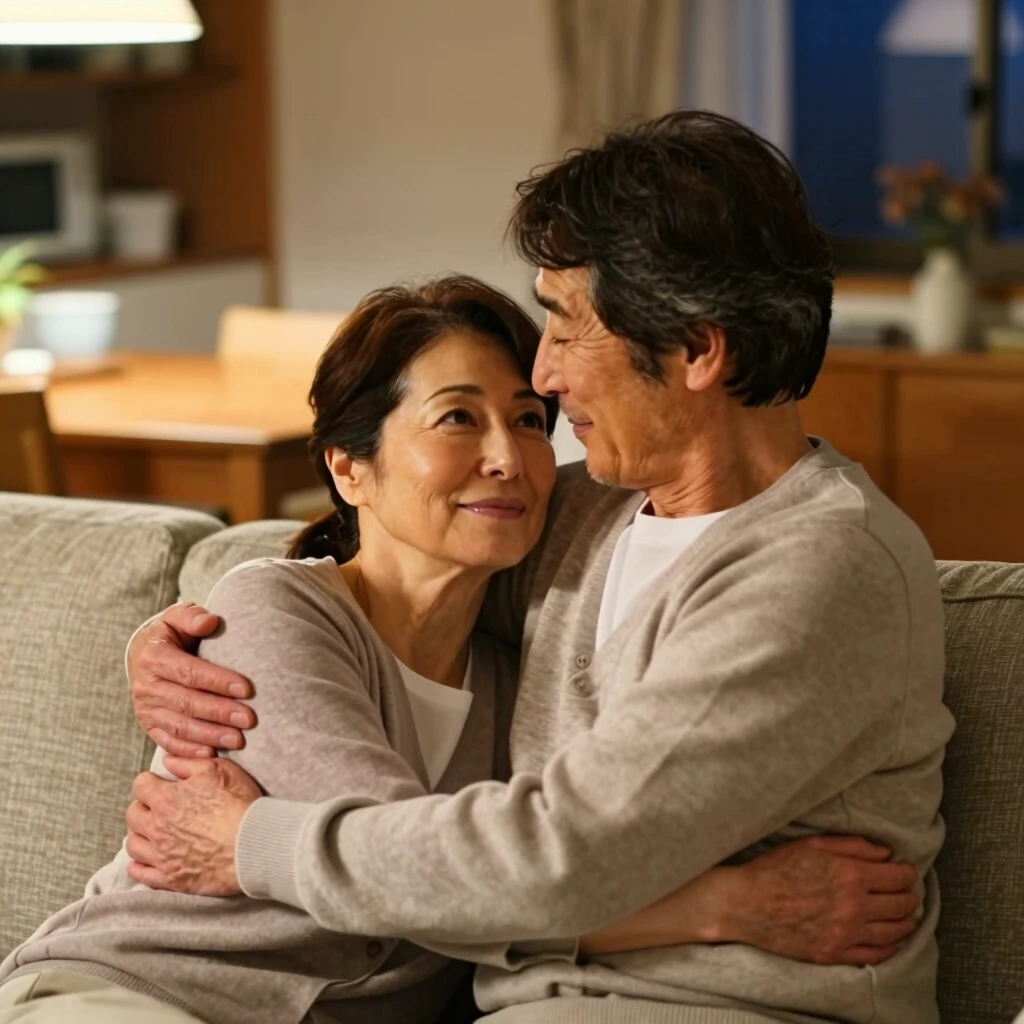 ソファで優しく抱き合う夫婦