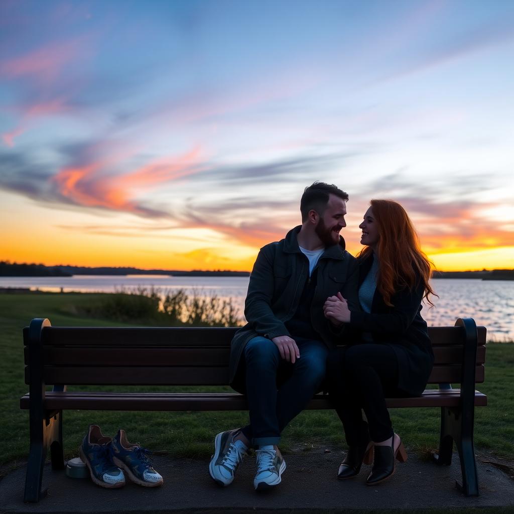 夕暮れ時の公園のベンチで手をつないで微笑む夫婦。背後には穏やかな湖と色鮮やかな空が広がっている。