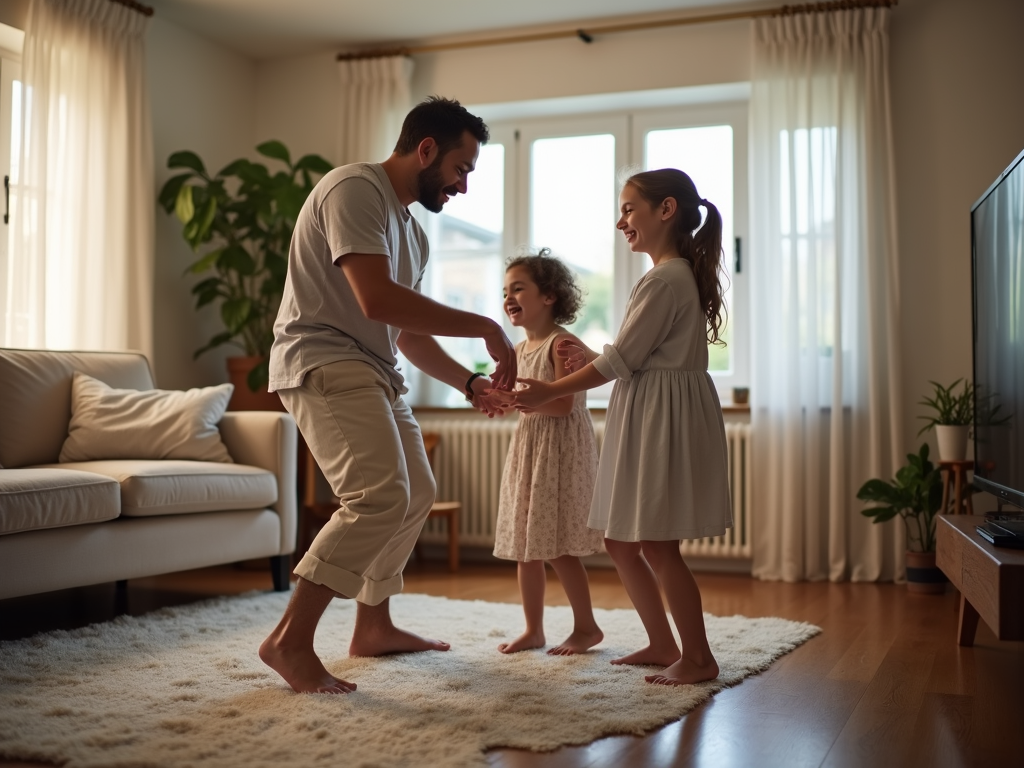 リビングルームで音楽を流しながら、家族で踊りながら掃除をしている様子。子供たちは笑顔で楽しんでいる。