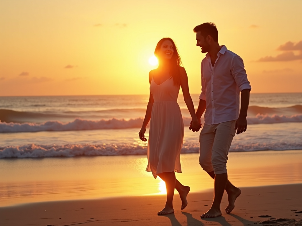 夕日のビーチで手をつないで歩く幸せな夫婦