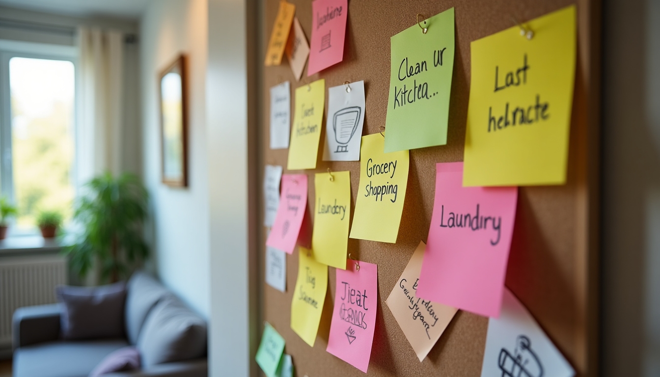 List of prioritized household tasks on a bulletin board.