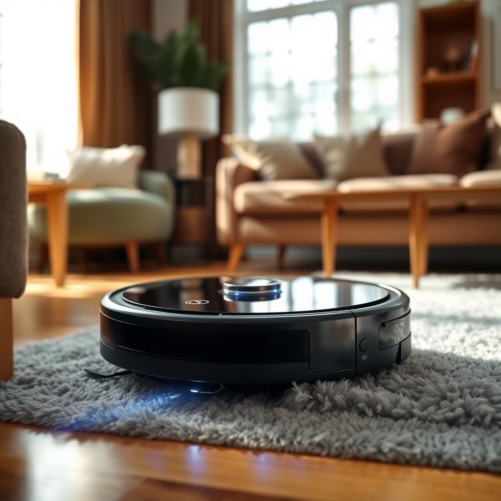 リビングルームを走行するモダンな黒いロボット掃除機。青いLEDライトが光り、木製の床とふわふわのラグの間をスムーズに移動している。