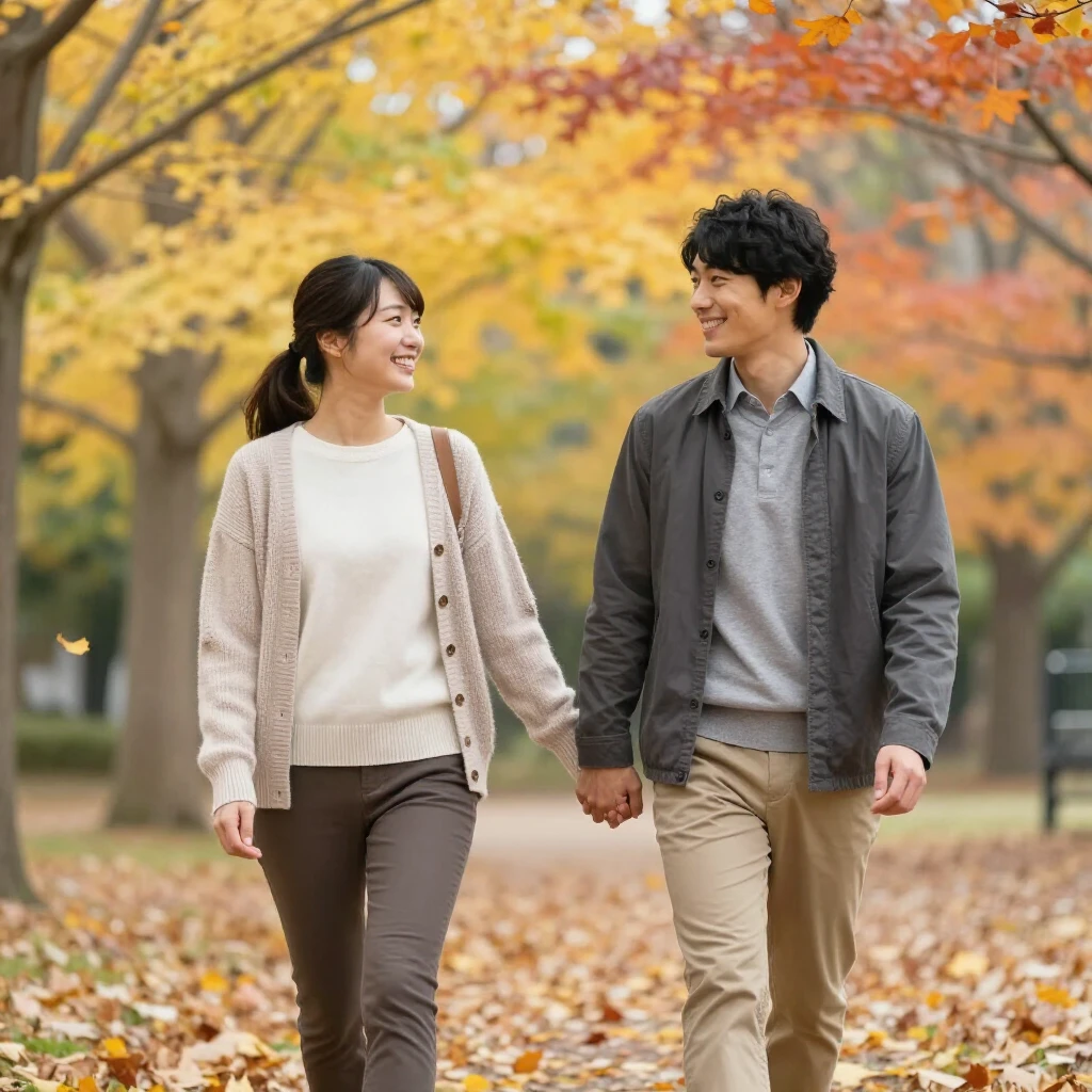 秋の公園で手をつないで歩く若い夫婦