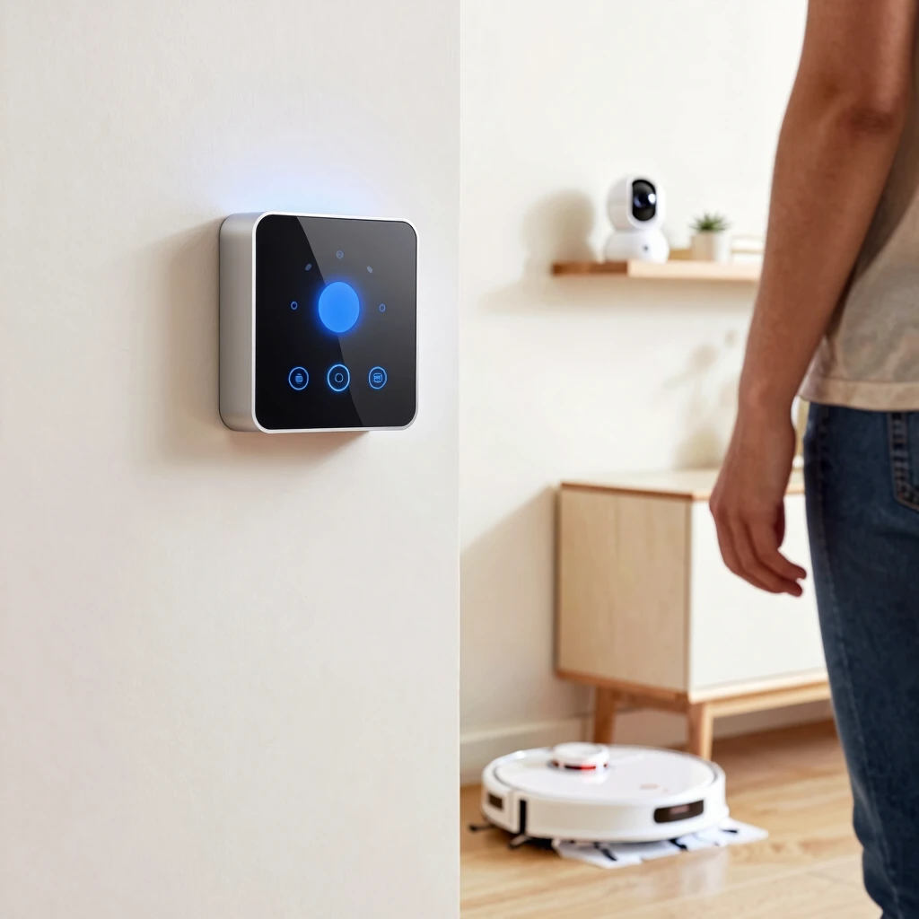 自動化されたスマートホームのシーン：ライトが点き、ロボット掃除機が稼働中