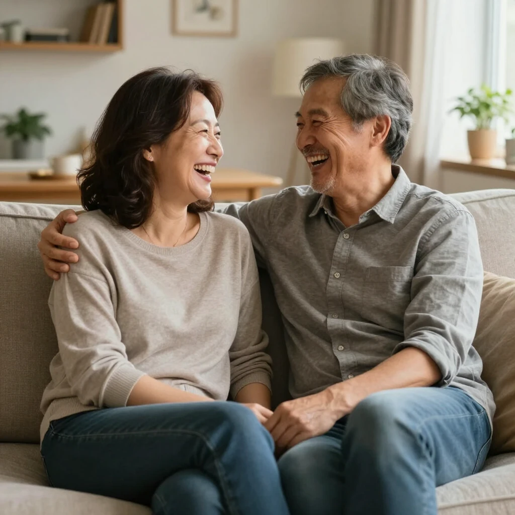 家でソファに座って笑い合う幸せな中年夫婦