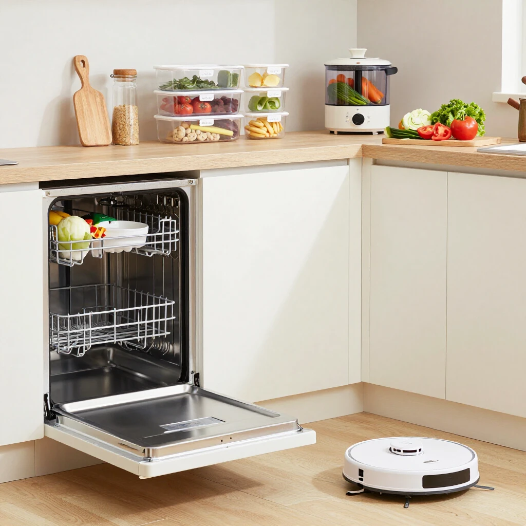 整理されたモダンなキッチンで、食洗機やロボット掃除機、食材の下準備がされた様子