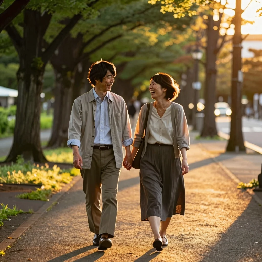 夕暮れの公園を歩く夫婦