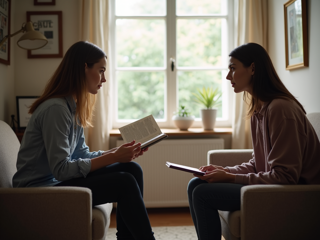 話し合いから一時的に離れ、別々に座っているが同じ部屋にいる夫婦。一方は本を読み、もう一方は窓の外を眺め、両者とも穏やかで反省的な様子。部屋は平和な雰囲気で、柔らかい色と窓から差し込む自然光がある。