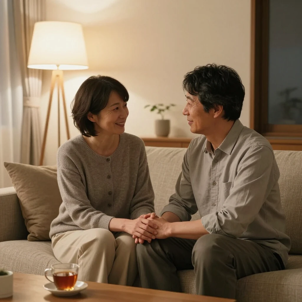 穏やかに向き合って話す夫婦の様子
