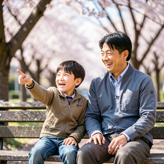 公園のベンチで父親と息子が夢中になって話す春の情景