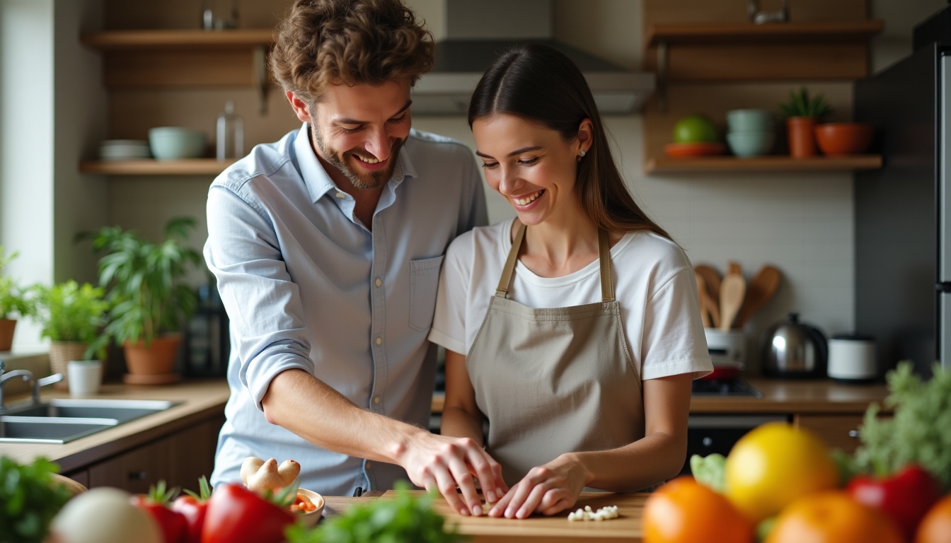共通の趣味として料理を楽しむ夫婦の写真