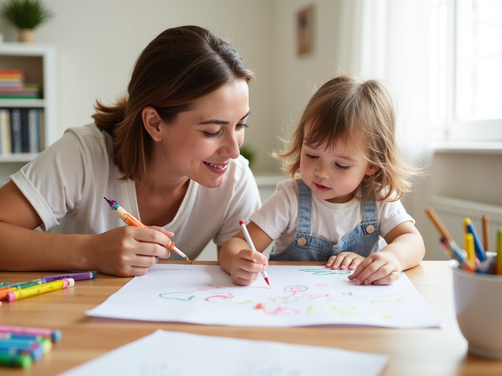 親と子が一緒にテーブルで絵を描いている様子。色とりどりのクレヨンと紙に囲まれ、明るい部屋。