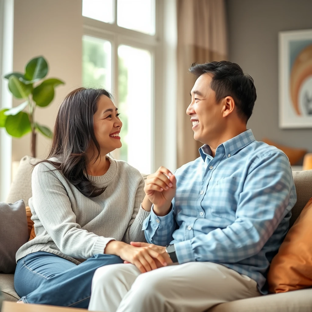 温かいリビングで心を開いて話し合う中年のアジア人夫婦